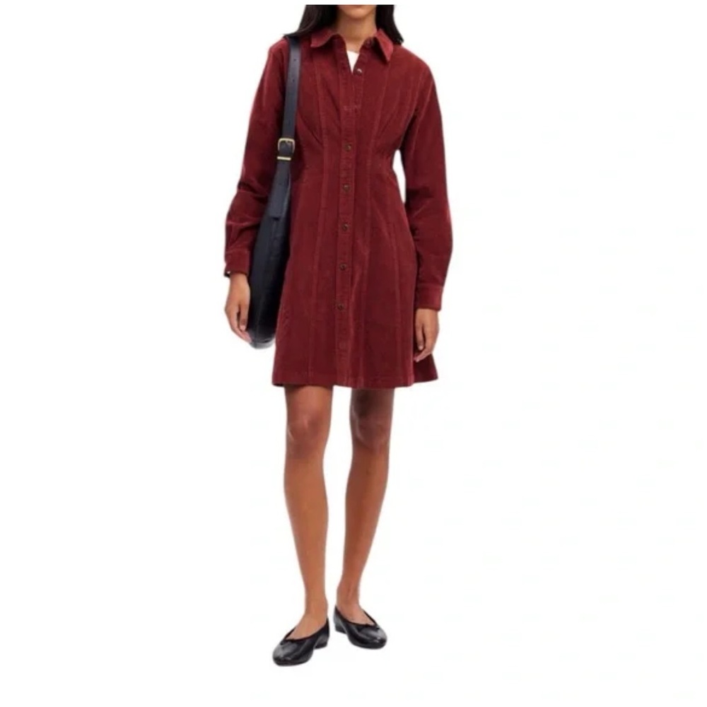 Madewell Corduroy Button-Up Shirt Dress in Wine Red